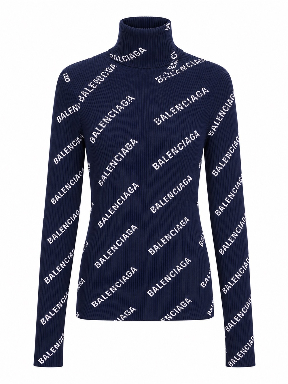 Balenciaga Navy Blue and White Logo Ribbed Turtleneck